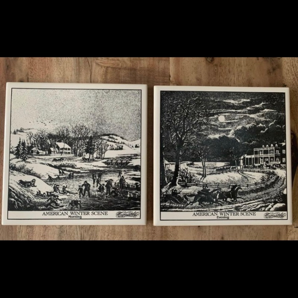 Set of Vintage Currier & Ives Black & White Americana Trivets Wall Decor
